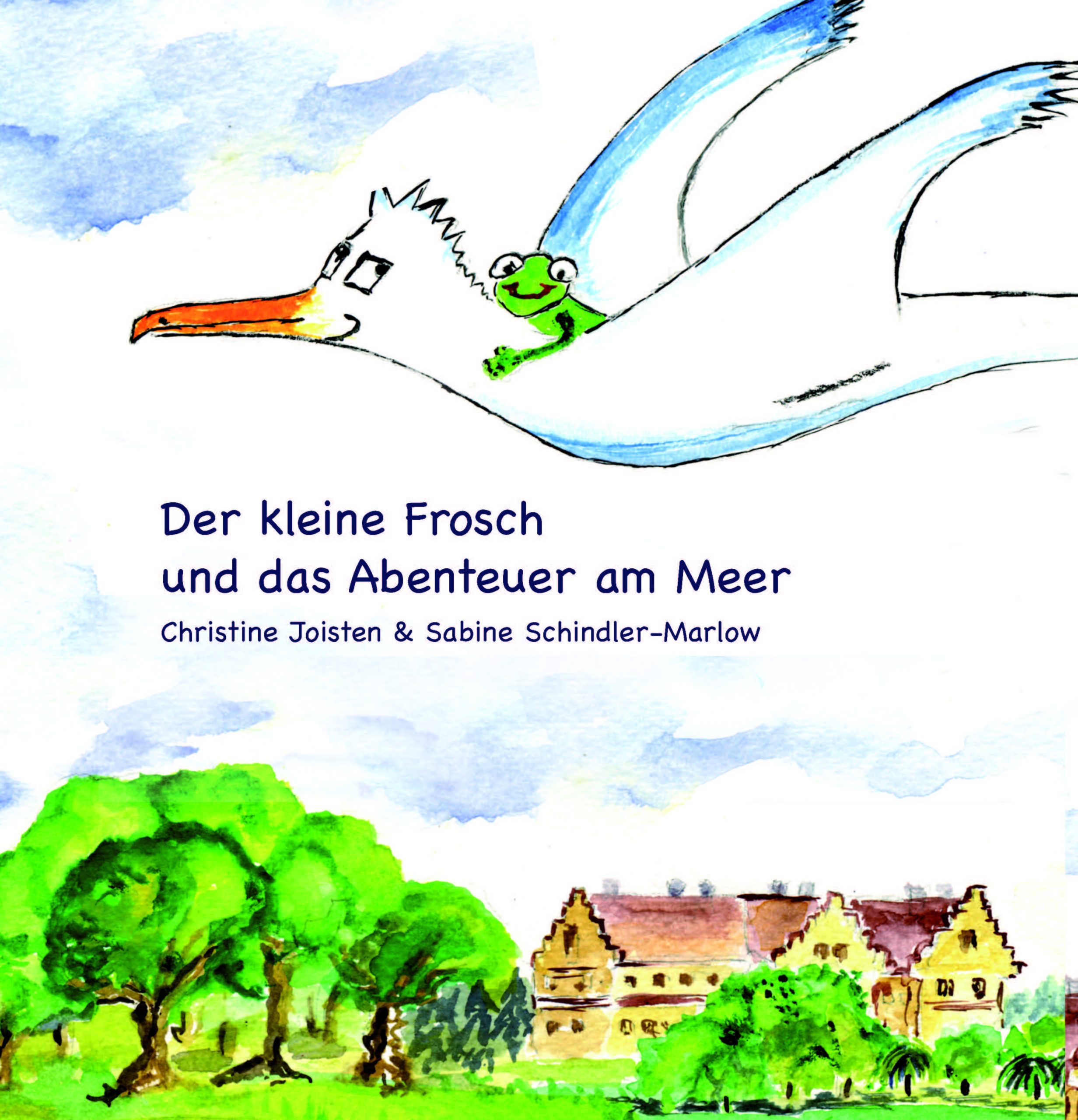 Auf dem Cover des Kinderbuchs "Der kleine Frosch und das Abenteuer am Meer" ist ein Frosch, der auf einem Albatross fliegt, abgebildet.
